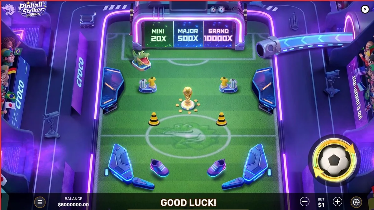 Interface neon do jogo Pinball Striker 20,000x com elementos de futebol e pinball.