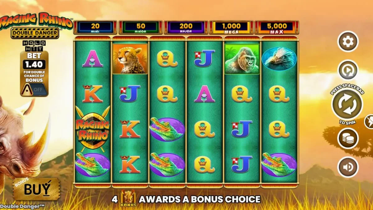 Interface do jogo de slot Raging Rhino Double Danger com animais da savana