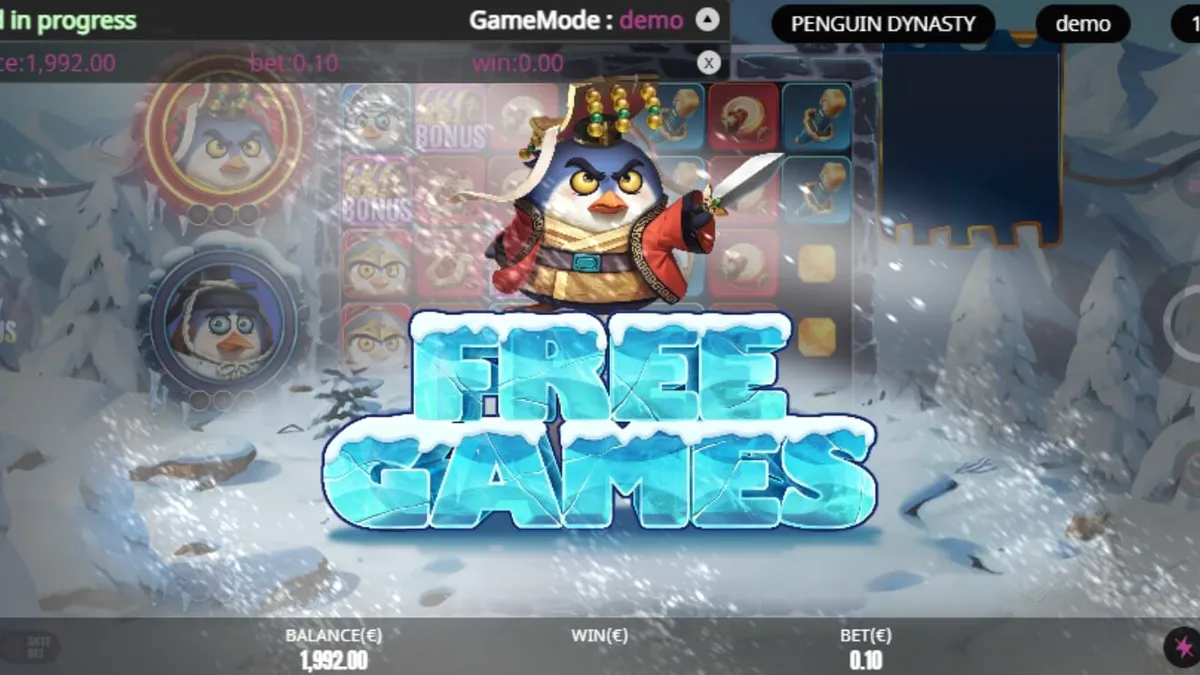 Interface do jogo de slot Penguin Dynasty com generais pinguins e elementos de gelo