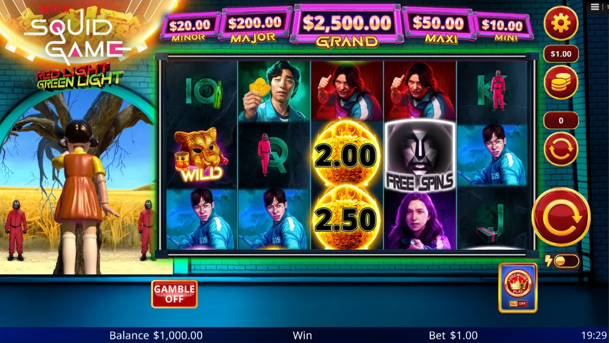 Interface do jogo de slot Squid Game: Red Light, Green Light com símbolos de porquinhos e elementos da série.