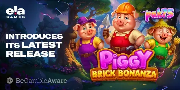 Captura de tela do jogo Piggy Brick Bonanza, mostrando os porquinhos e elementos de construção em um cenário vibrante de slot.